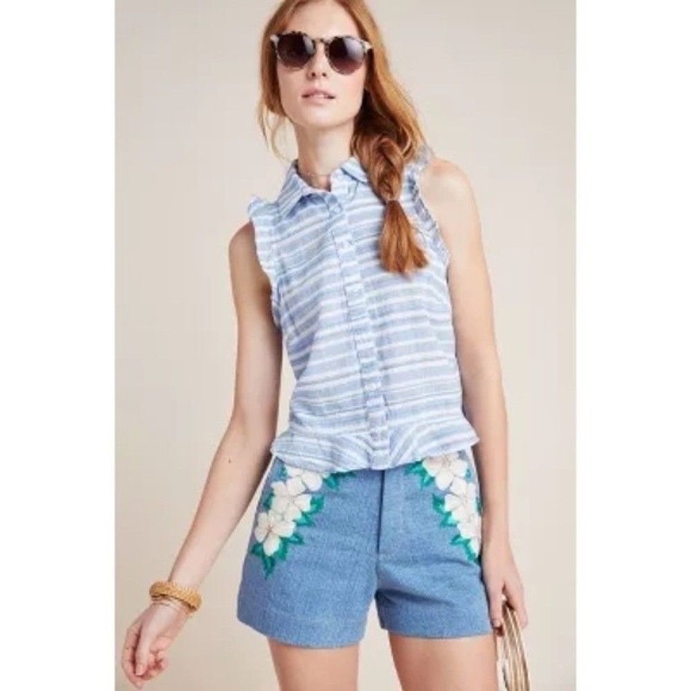 NWOT Cloth & Stone For Anthropologie Blue & White Striped Blouse Ruffle Size S